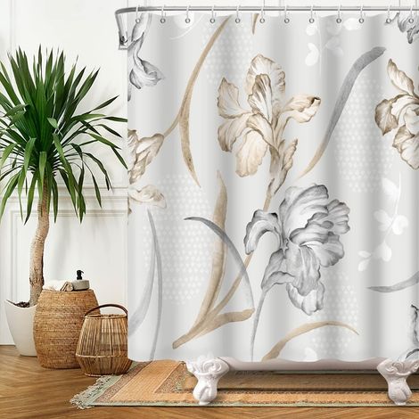 180x180cm PhéNix Queue Fleur Rideau De Douche Aquarelle Blanc Gris Fleurs Rideau De Bain Plante Naturelle ImperméAble Rideaux De Douche Fond Gris Simple DéCoration De Salle De Bain (1/5)
