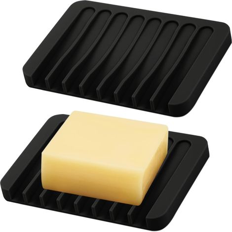 Lot de 2 porte-savon en silicone - Noir - Avec écoulement - Porte-savon - Pour lavabo - Petite boîte à savon (1/5)