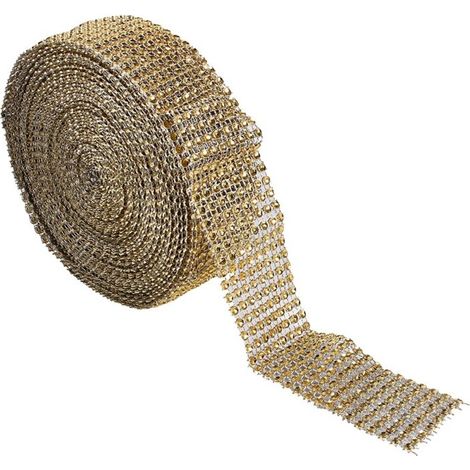 Vtizikl Element décoratif de jardin, Ruban en maille à 4 rangées de strass en acrylique diamantés, 3.5 cm x 9,1 m, doré