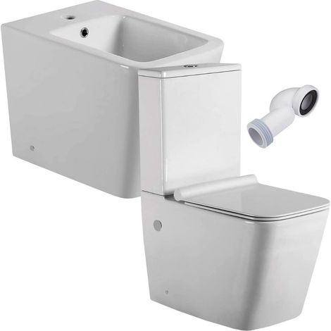 Neptuno Pack Inodoro completo Cuadrado Blanco Brillo Fondo Reducido Rimless y Tapa con caída Amortiguada + Bidet a Suelo (1/5)