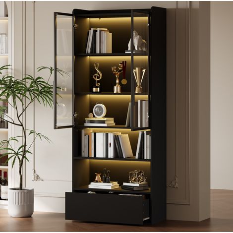 Vitrina alta (80x34x180 cm), con 1 cajón y puertas de cristal, iluminación LED, MDF negro (1/5)