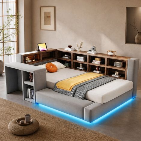 Polsterbett 90 x 200 cm mit Stauraum, LED, Steckdosen, Beistelltisch, Dunkelgrau HAVRYA (1/5)