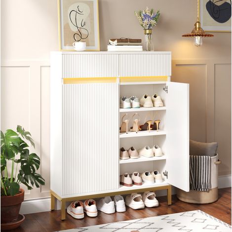 Scarpiera 80x35x103 cm con illuminazione a LED, 2 cassetti, 2 ante e ripiani regolabili, in MDF bianco con gambe dorate (1/5)