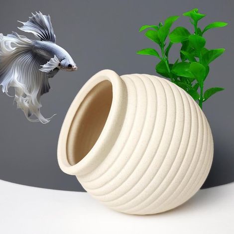 Dekorativer Keramiktopf (9 x 8 x 8,5 cm) – Natürliche Aquariendekoration mit geripptem Muster, sicherer Versteckplatz für Fische (1/4)