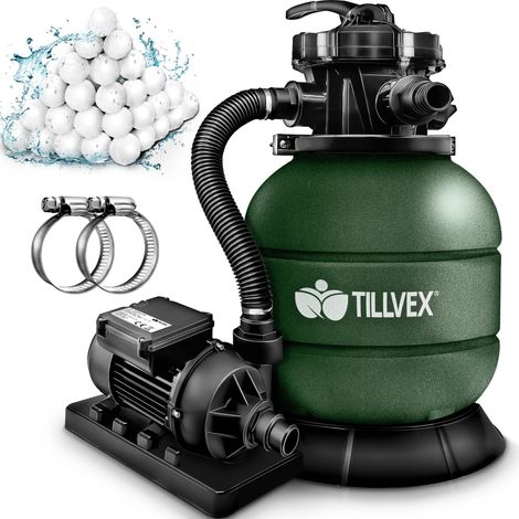tillvex Pompa Filtro Piscina Portata 7.900L/h + 400g Filtro Balls  7 funzioni di filtrazione  Adattatore 2in1 Ø32-38mm con indicatore di pressione  Filtro a sabbia per piscine