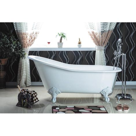Baignoire sur pieds rétro en fonte petite taille ASHFORD Blanche 146 cm Pieds blancs