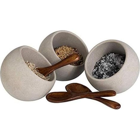 Service de Table Moon - Ensemble de 6 pièces : 3 Bols en mélamine (Ø 8cm) + 3 cuillères en Bois, Gris