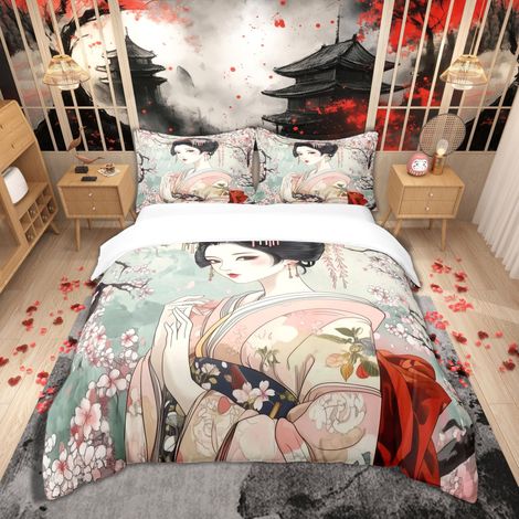 Parure de lit en coton avec housse de couette de 135 x 200 cm, motif fleurs de cerisier, style japonais, esthétique (1/5)
