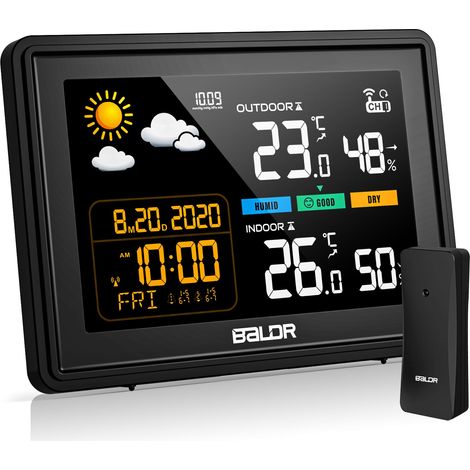 Funkwetterstation mit Außensensor, Innen- und Außentemperatur, Luftfeuchtigkeit, Funkwetterstation mit Wettervorhersage, Barometer, Farbdisplay