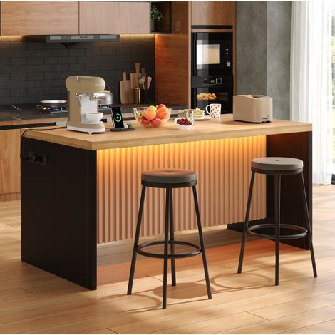 Isola cucina 155x80x90 cm, illuminazione LED con controllo app, prese EU e USB, piano 40 mm, MDF, nero e naturale (1/5)