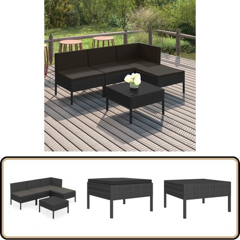 5-tlg. Garten-Lounge-Set mit Auflagen Poly Rattan Schwarz - Gartensorgahnitur - Loungemöbel - Gartenmöbel Set - Outdoor Möbel - Rattan Gartenmöbel