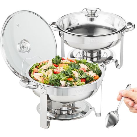 VEVOR Juego de Platos de Cocina Paquete de 2 Unidades 3,5 L Cada Uno Charola de Acero Inoxidable con 2 Sartenes de Tamaño Completo Servidor Redondo de Calentador de Catering con Tapa de Vidrio
