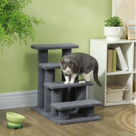 Scaletta per gatti a 4 gradini 61 x 41 x 60 cm grigia in truciolare e peluche OKMYHOME (1/5)