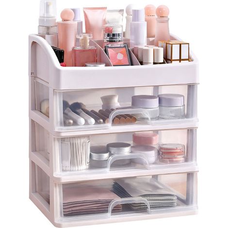 Bureau Rangement 3 Tiroirs Plastique Transparent Boîte de Rangement pour Fournitures Bureau Maquillage Salle de Bain Blanc (1/5)
