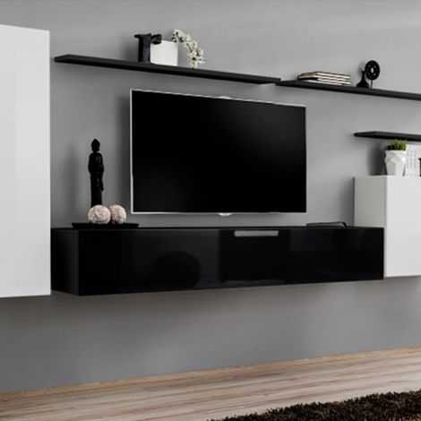 Meuble TV Mural Design "Switch I" 330cm Blanc & Noir (1/5)