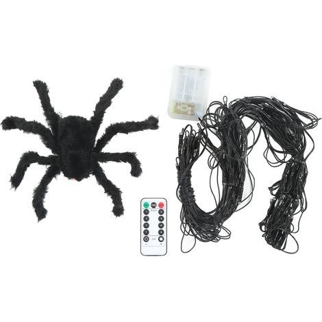 Toile d'araignée LED lumineuse noire et violette, décoration Halloween étanche avec télécommande, araignée incluse (1/5)