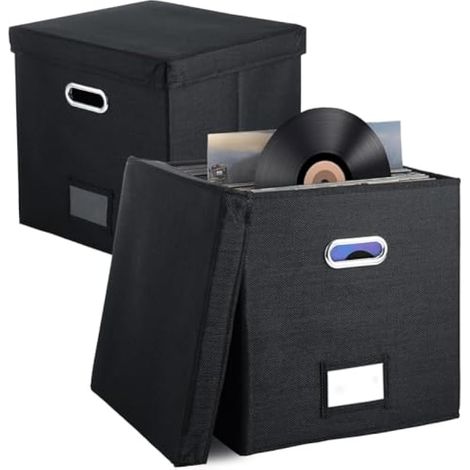 2 Pack Vinyl Record Storage Box, Record Holder Box Holds Up 50+ Single Record, LP Storage Organizer Crate with Lid (1/5)