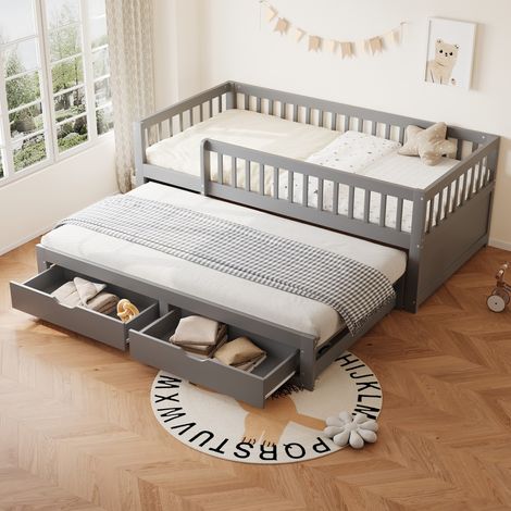 Canapé-lit 90x200 cm bois massif gris avec barrière, tiroirs rangement & sommier lattes - Enfant/ado (sans Matelas) (1/5)