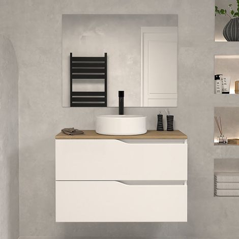 Meuble de salle de bain 80cm avec plateau miel et vasque à poser - 2 tiroirs - blanc - LUNA (1/5)