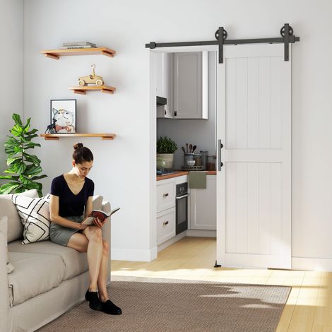 Puerta Corredera de Granero con Herrajes Manija Rodillo y Guía de Suelo Mejorados para Baño Salón 71,5x213,4 cm Blanco (1/5)
