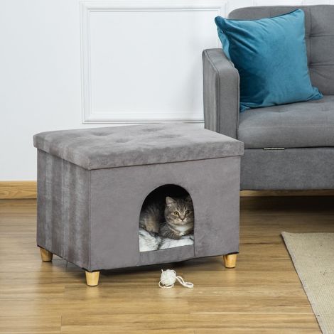 2-en-1 Ottomane pour chat avec coussin, pieds en bois, maison pour chat moelleuse, design élégant, déhoussable, MDF, gris, 60x45x44,5 cm (1/5)