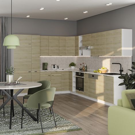 Cocina esquinera Fame-Line, Panel roble/blanco, 347 x 257 cm sin encimera, Vicco