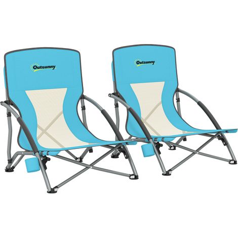 Lot 2 chaises plage pliantes camping légères sac transport porte-gobelet 58x55x62 cm bleues