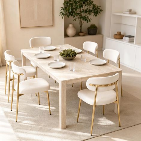 Juego de 6 sillas de comedor - 51 x 50 x 81 cm - tapizadas, patas ajustables, estructura estable metal dorado, estilo moderno, tela poliéster - blanco (1/5)