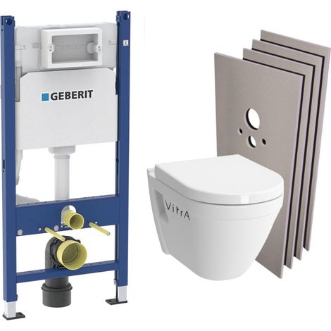 Pack WC Bati-support Geberit + Cuvette suspendue Vitra S50 + Abattant frein de chute + Plaque blanche + Set d'habillage S50Geb3- (1/5)