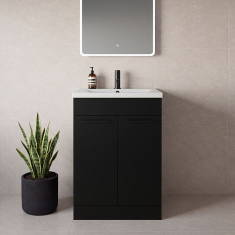 Napoli 460 Matt Black 600mm 2 Door Vanity Unit with Glide Basin - 600mm - Matt Black 160mm Handle