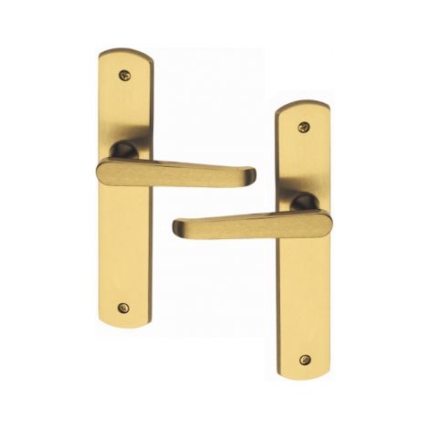 Ouvre&Déco – Poignées de porte VICTORIA sans trou – Laiton poli satiné – Entraxe 165 mm – Garniture sur plaque – Endurance 200 000 cycles (1/2)