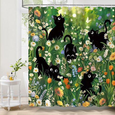 Rideau de Douche Chats Noirs 180 x 180 cm, Chaton Joueur Papillons Fleurs Rideaux de Baignoire Imperméable Anti-Moisissures Tissu avec 12 Crochets (1/5)
