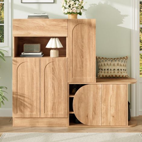 Scarpiera moderna con panca, 1 cassetto, 5 ante e ripiano a giorno, ampio spazio contenitivo per corridoio e ingresso, finitura naturale, 130 × 35 × 110,5 cm (1/5)