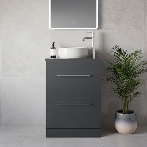 Napoli 390 Gloss Grey 600mm 2 Drawer Vanity Unit for Countertop Basins - 600mm - Chrome 320mm Handle