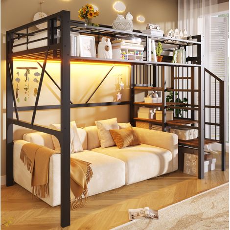 Cama altillo 90x200 cm - Con estantes de almacenaje y LED - En metal y MDF - Negro (1/5)