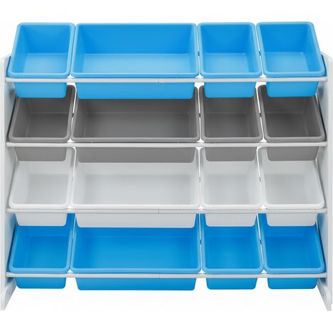 Meuble de Rangement de Jouets pour Enfant, 4 Niveaux, 16 Bacs en Plastique, Blanc, Bleu, Gris (1/5)