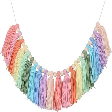Guirlande de pompons arc-en-ciel pastel – Guirlande bohème à pompons et perles en bois – Décoration murale pour chambre, chambre de fille et chambre d'enfant – Idéale pour la maison ou une fête (1/4)