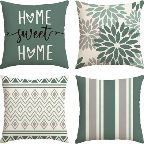 Dahlias Vert Aqua Géométrique Motif Floral Housse de Coussin Lot de 4, 45x45 cm Housse de Coussin Décorative pour Canapé Salon Extérieur Décoration (1/5)