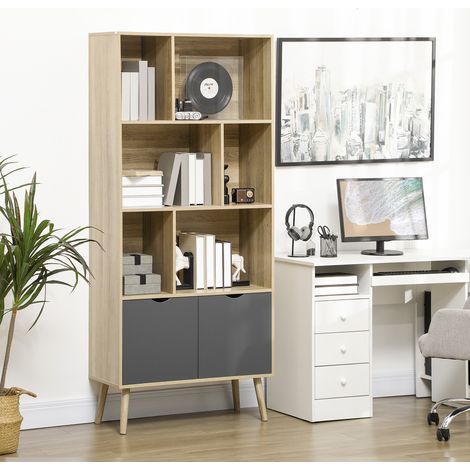 Bibliothèque étagère meuble de rangement placard 6 étagères dim. 80L x 35l x 180H cm naturel et gris foncé (1/5)