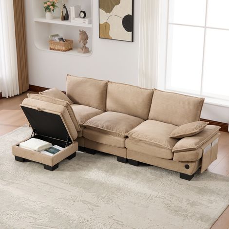 Divano modulare 3 posti 260x132x84 cm kaki in corduroy con pouf contenitore, USB-C e tasche laterali (1/5)