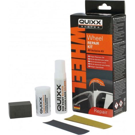 Kit de réparation jantes aluminium – Mastic liquide et vernis argent – Papiers de verre et gants inclus – Pour jantes en alliage – Quixx