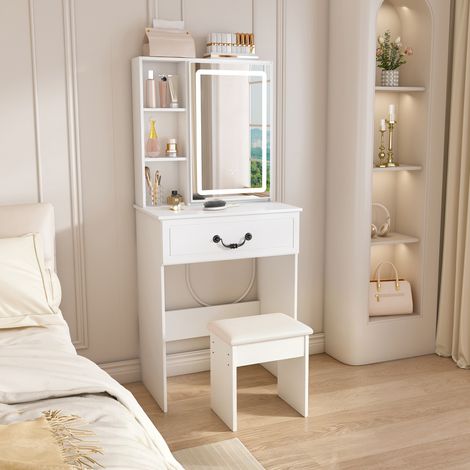 Coiffeuse Chambre 60x36x131,5 cm Petite coiffeuse maquillage avec Armoire miroir cachée LED Tabouret rembourré Blanc