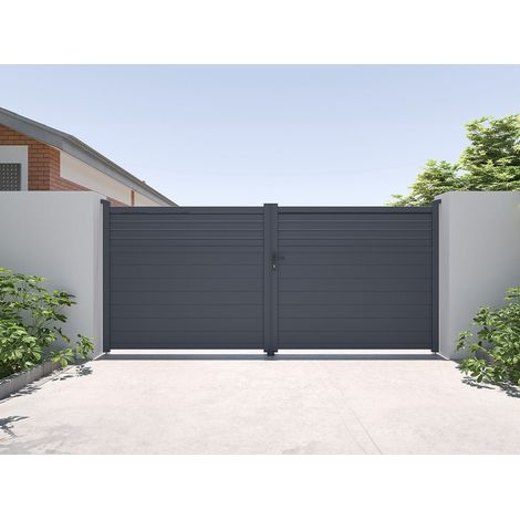 Portail battant aluminium persienné L397 x H180 cm anthracite - VIAZO (1/4)