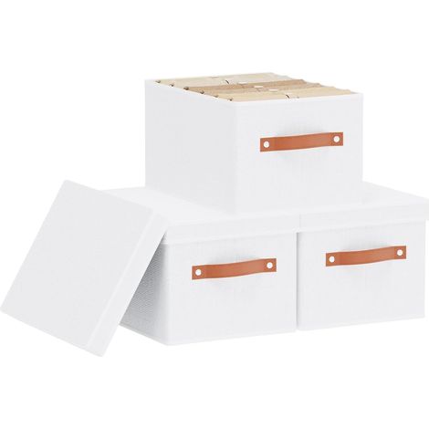 Boîtes de Rangement, Boite en Tissu, 33x23x18cm, 3 Pack, Blanc Paniers avec Couvercle et 2 Poignée,Casier Vetement pour Chambre à Coucher,Armoire,Organisation,Rangement Placard (1/5)