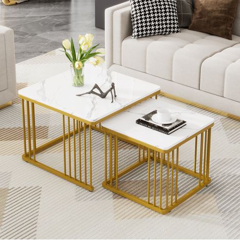 Set de 2 mesas de centro nido cuadradas 60 y 45 cm MDF blanco efecto mármol HAVRYA (1/5)