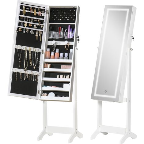 Homcom – Armoire à bijoux sur pied avec miroir LED – Éclairage tactile – MDF blanc – Dimensions 46L x 36,5P x 151,5H cm