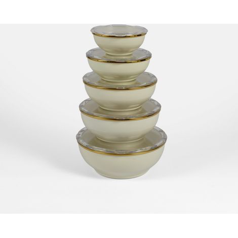 Set de 5 Bols Émaillés Beige avec Couvercles Hermétiques – Empilables, Réutilisables – Idéal pour Conserver Fruits, Salades et Aliments – LPP GRANDEUR 12