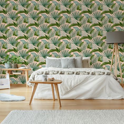 Papier peint intissé Flow Tropical 1005 x 52cm Vert, pêche