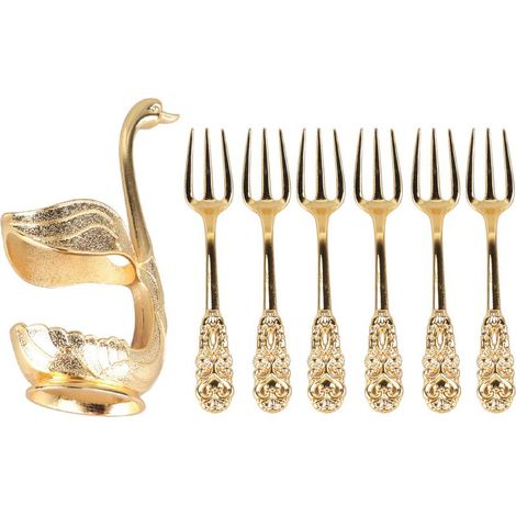 Porte-cuillère à café en alliage doré finition miroir élégant design cygne avec fourchettes pour bureau salon cadeau raffiné (1/4)