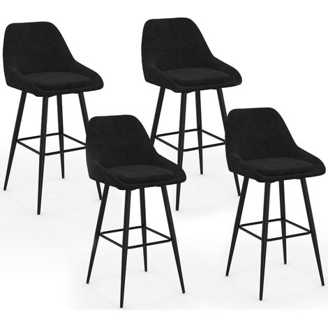 Idmarket – Lot de 4 tabourets de bar en velours noir – Demi-accoudoirs rembourrés – Hauteur d'assise 65 cm – Pieds en métal noir mat